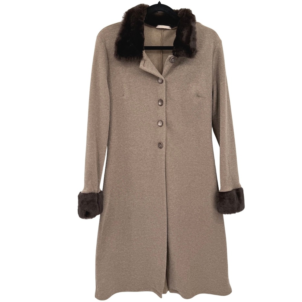 Forever 21 Faux Fur Collar Coat Womens Medium Taupe Brown Knit Jacket Y2K USA